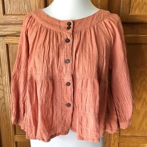 We The Free Peach Button-Up Blouse Orange  Oversized Crop Top Size XS Preowned